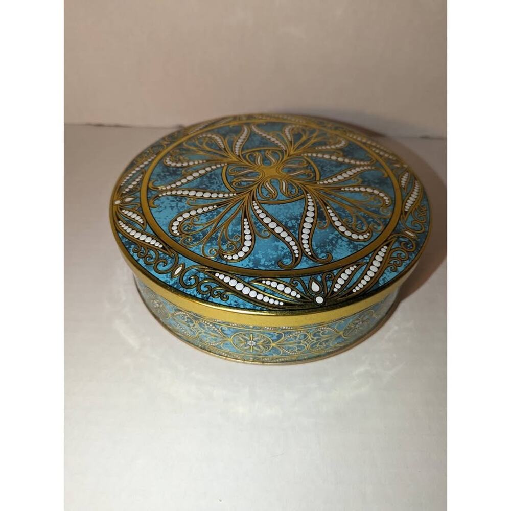 Antique Daher Tin Litho Shabby Candy England Embossed Gold Teal White